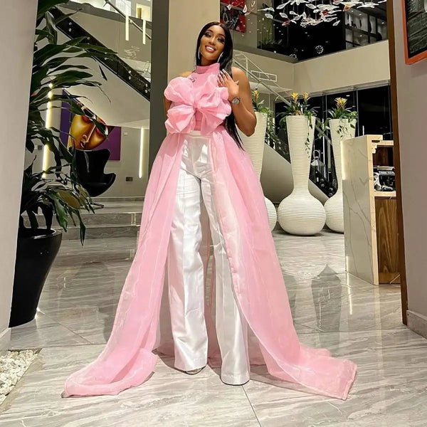 Sleeveless Pink Flower Blouse Prom Party Robe Shawl Long Train Unique Designs Organza Jacket Women Tops