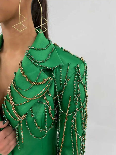 Customized Simple Women Suits Diamond Applique Long Sleeve Notched Lapel Classic 2 Pieces Jacket Short Pants Slim Fit Dresses