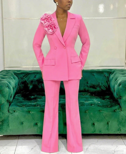 Customized Pink Women Pants Sets Designer 3D Flowers Ladies Prom Birthday Party Formal Wear Outfit Jacket 3 Pieces