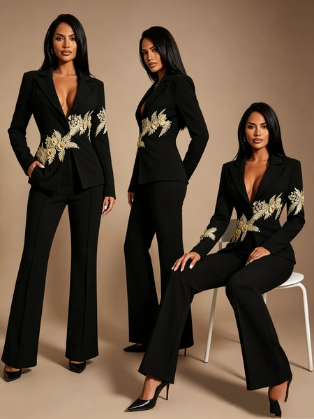 Black Women Suits Set 2 Piece Blazer+Pants Trousers Flower Appliqued Formal Customized Office Lady Jacket Wedding Prom Coat