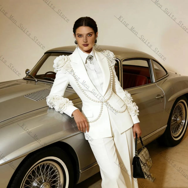 Luxury White Women Suit Set 2 Pcs Blazer+Pants Trousers Crystals Customized Formal Office Wedding Tuxedos Coat Prom Jacket