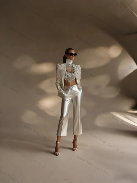 Luxury Crystals Satin   2 Pcs Blazer Pants sets