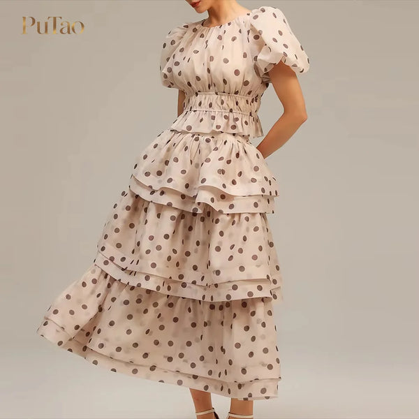 Putao Elegant Polka Dot 2 Piece Set Puff Sleeve Elastic Waist Cropped Blouse Tiered Ruffle Midi Skirt Women Modest Vacation Part
