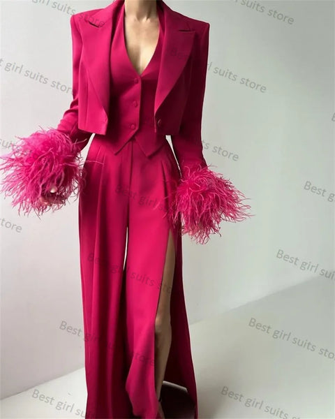 Luxury Feather Women Suit Pants Set 3 Piece Blazer+Vest+Split Trousers Formal Office Lady Jacket Customized Wedding Prom Coat