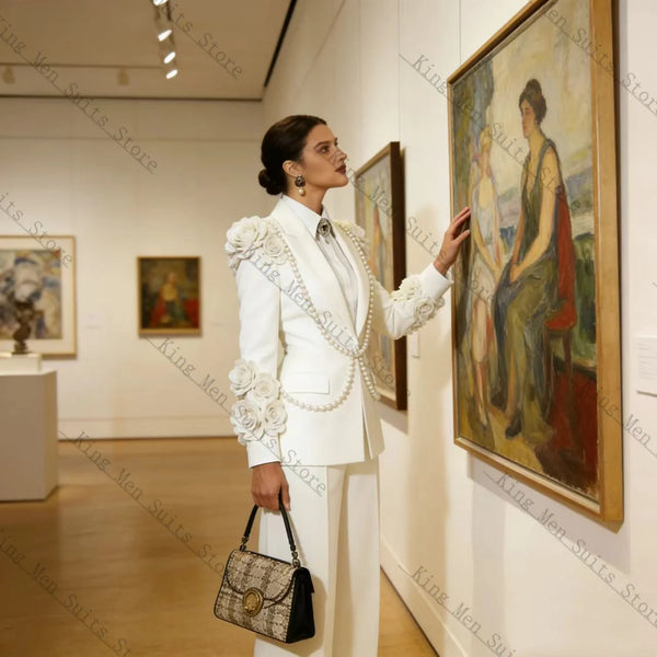 Luxury White Women Suit Set 2 Pcs Blazer+Pants Trousers Crystals Customized Formal Office Wedding Tuxedos Coat Prom Jacket
