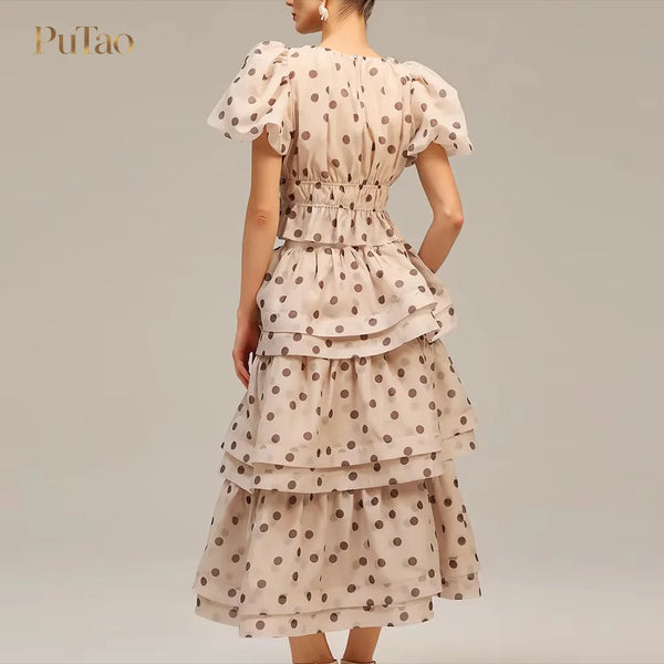 Putao Elegant Polka Dot 2 Piece Set Puff Sleeve Elastic Waist Cropped Blouse Tiered Ruffle Midi Skirt Women Modest Vacation Part