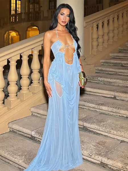 Ruched Elegant   Mesh Patchwork Luxury Chain Halter Backless Sleeveless  Party gowns