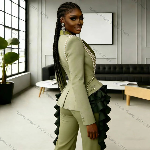 Luxury Pearls Women Suit Pants Set 2 Pcs Blazer+Trousers Green Spring Prom Formal Office Lady Jacket Wedding Coat Customized