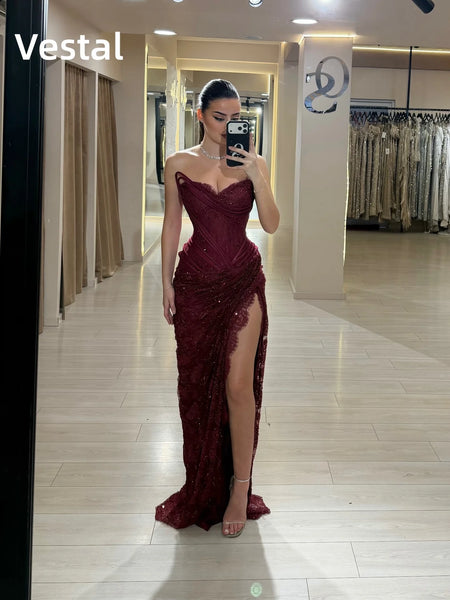 Strapless Lace Corset Prom Dress with Beaded Women's Wedding Party Dress Slit Ruched Formal Evening Party Gown Customized