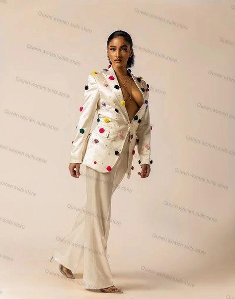 Off White Satin Women Suit Set for Wedding 2 Piece Blazer+Pants 3D Flower Jacket Formal Lady Coat Prom Dress Custom Made