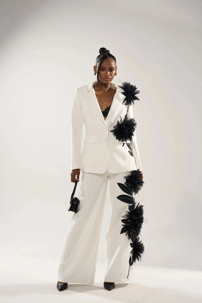 Formal Occasion Women Jacket Suits Ladies Hand Made Flowers Flared Pants Prom Birthday Party Evening 2 Pieces