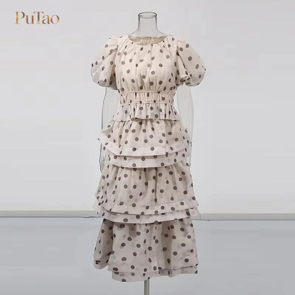 Putao Elegant Polka Dot 2 Piece Set Puff Sleeve Elastic Waist Cropped Blouse Tiered Ruffle Midi Skirt Women Modest Vacation Part