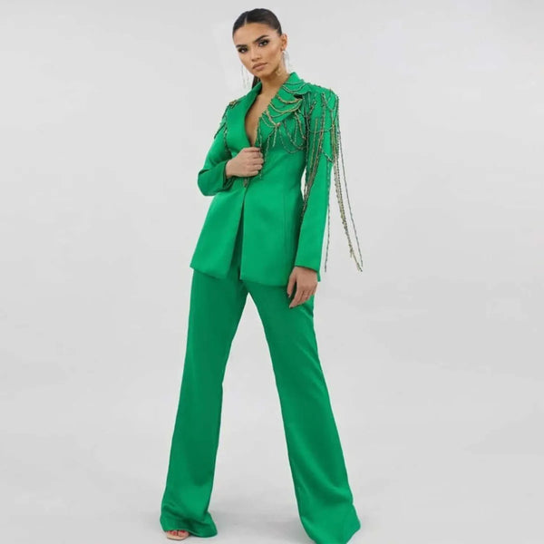 Customized Simple Women Suits Diamond Applique Long Sleeve Notched Lapel Classic 2 Pieces Jacket Short Pants Slim Fit Dresses
