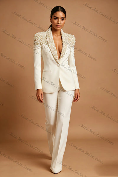 Pearls Formal Women Suits Set 2 Piece White Blazer+Pants Trousers Customized Office Lady Jacket One Button Wedding Prom Coat
