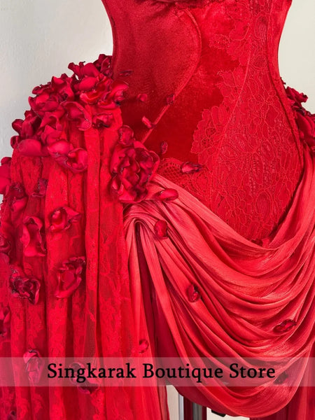 Red Halter Prom Dress 2026 Lace  Evening Dress with 3D Rose Applique Mini Party Gown Hoco Cocktail Dress Customized