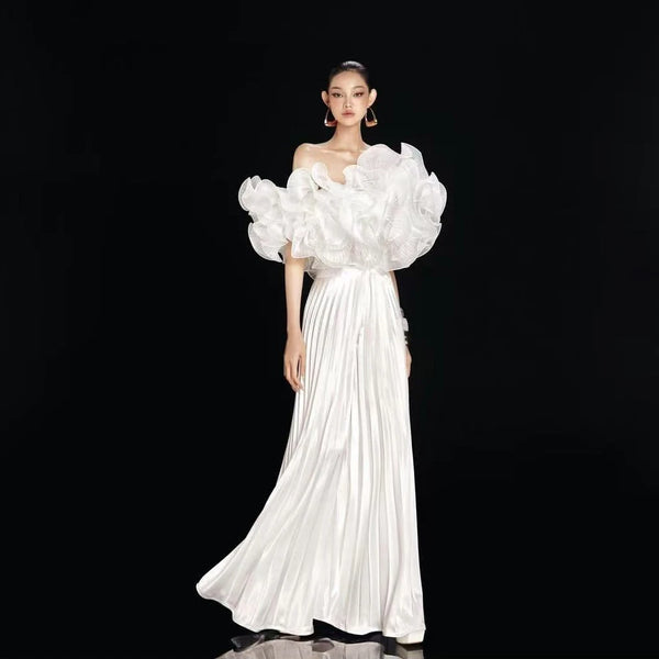 New Couture 2 Pieces Women Sets Blouse And Loose Pant Women Formal Party Dress Pleated Female Set Layered Evening Dresses