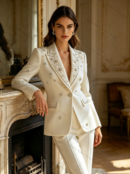 White Crystals Women Suit Set 2 Pcs Blazer Pants Trousers Luxury Spring Formal Office Lady Jacket Wedding Coat Customized