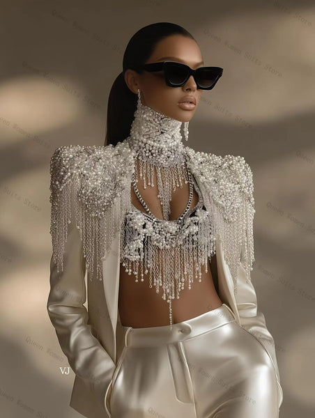 Luxury Crystals Satin   2 Pcs Blazer Pants sets