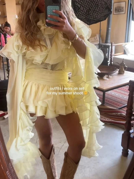 Pale Yellow Sheer Organza Ruffle Blouse Flare Long Sleeve Tiered Ruffle MiniSkirt Beach Vacation Co-ord Women Fairy Summer Party