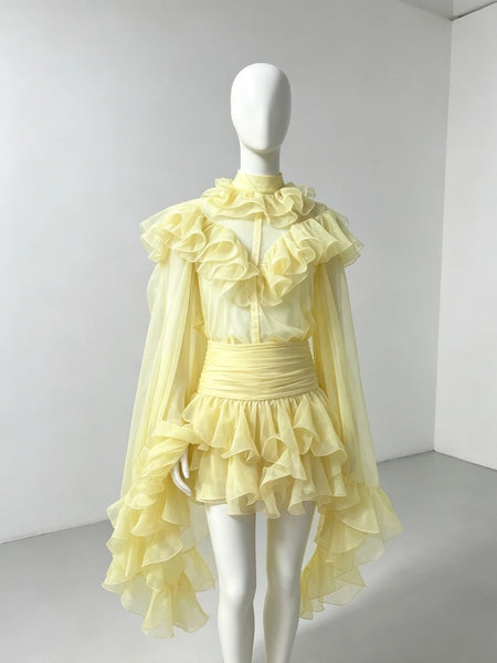 Pale Yellow Sheer Organza Ruffle Blouse Flare Long Sleeve Tiered Ruffle MiniSkirt Beach Vacation Co-ord Women Fairy Summer Party