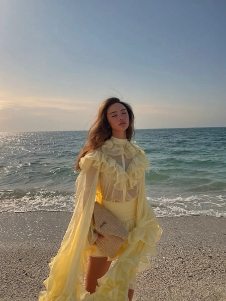Pale Yellow Sheer Organza Ruffle Blouse Flare Long Sleeve Tiered Ruffle MiniSkirt Beach Vacation Co-ord Women Fairy Summer Party