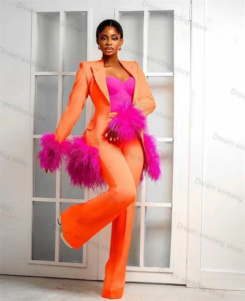 Ostrich Feather Orange Women Suits Pants Set Blazer
