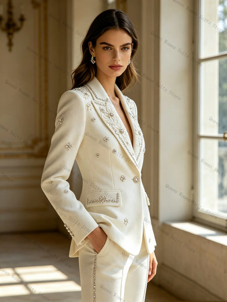 White Crystals Women Suit Set 2 Pcs Blazer Pants Trousers Luxury Spring Formal Office Lady Jacket Wedding Coat Customized