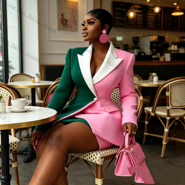 Pink Green Woment 2 Pcs Blazer+Skirt  Formal Office Wear