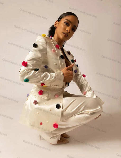 Off White Satin Women Suit Set for Wedding 2 Piece Blazer+Pants 3D Flower Jacket Formal Lady Coat Prom Dress Custom Made