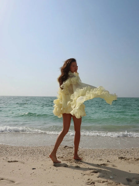 Pale Yellow Sheer Organza Ruffle Blouse Flare Long Sleeve Tiered Ruffle MiniSkirt Beach Vacation Co-ord Women Fairy Summer Party