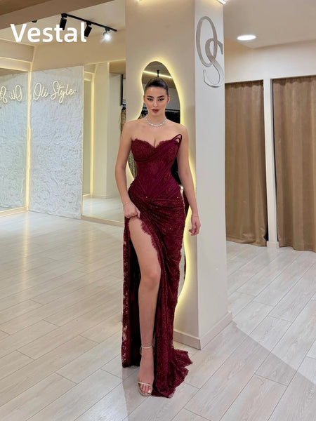 Strapless Lace Corset Prom Dress with Beaded Women's Wedding Party Dress Slit Ruched Formal Evening Party Gown Customized