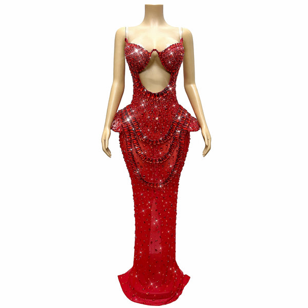 High Quality Heavy Twinkling Rhinestones Sexy Transparent Mesh Dress