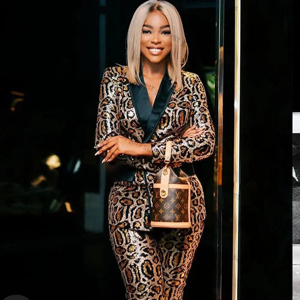 Leopard Printed 2 Piece Women Suit Pants Set Jacket+Trouser Luxury Sequins Guest Blazer Wedding Tailored Formal Office Lady Coat