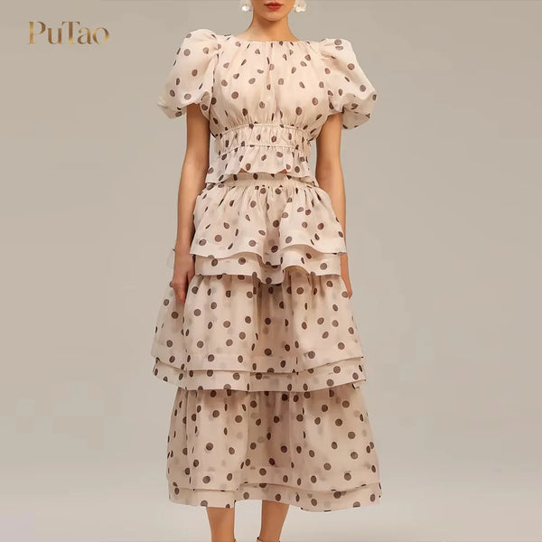 Putao Elegant Polka Dot 2 Piece Set Puff Sleeve Elastic Waist Cropped Blouse Tiered Ruffle Midi Skirt Women Modest Vacation Part