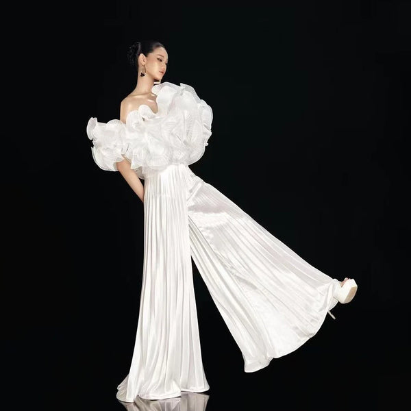 New Couture 2 Pieces Women Sets Blouse And Loose Pant Women Formal Party Dress Pleated Female Set Layered Evening Dresses