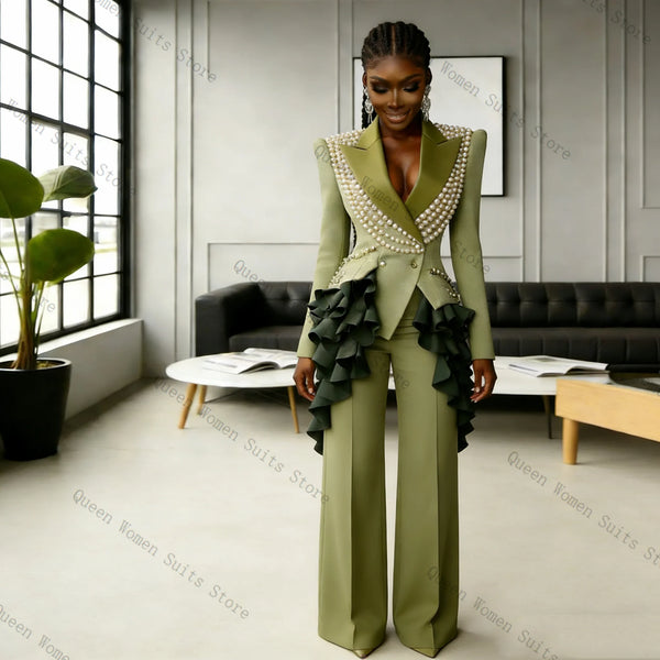 Luxury Pearls Women Suit Pants Set 2 Pcs Blazer+Trousers Green Spring Prom Formal Office Lady Jacket Wedding Coat Customized