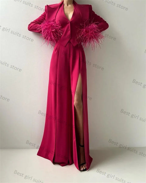 Luxury Feather Women Suit Pants Set 3 Piece Blazer+Vest+Split Trousers Formal Office Lady Jacket Customized Wedding Prom Coat