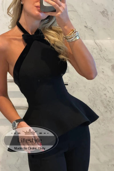 Customized Halter Bow 2 Piece Suit Formal Evening Dress Elegant Party Dress Prom Flared Pants Set For Women
