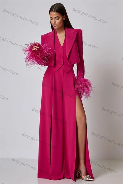 Luxury Feather Women Suit Pants Set 3 Piece Blazer+Vest+Split Trousers Formal Office Lady Jacket Customized Wedding Prom Coat