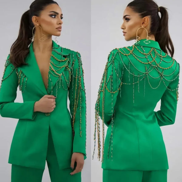 Customized Simple Women Suits Diamond Applique Long Sleeve Notched Lapel Classic 2 Pieces Jacket Short Pants Slim Fit Dresses