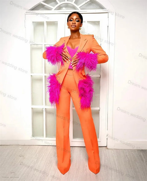 Ostrich Feather Orange Women Suits Pants Set Blazer