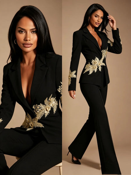 Black Women Suits Set 2 Piece Blazer+Pants Trousers Flower Appliqued Formal Customized Office Lady Jacket Wedding Prom Coat