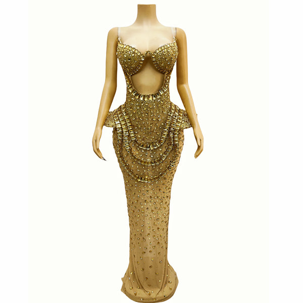 High Quality Heavy Twinkling Rhinestones Sexy Transparent Mesh Dress