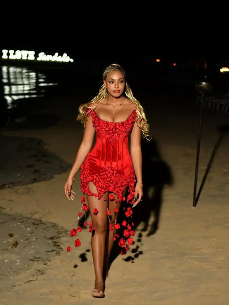 Cute Red Prom Dresses 2026 Black Girl Boning Draped Floral Cocktail Dress Sheath Sexy Homecoming Party Gowns Flowers Customized