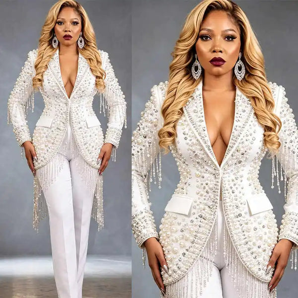 Fashionable Pearls Women Blazer Sets Slim Fit Luxury Crystal Wedding Tuxedos Suits 2 Pieces Formal Banquet Clothing Customized