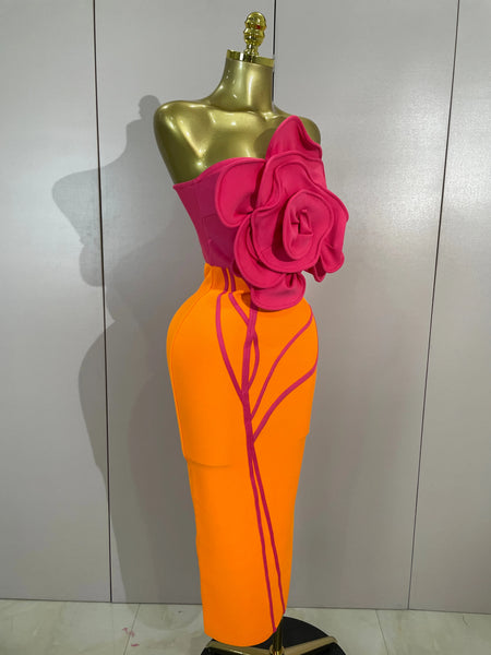 Elegant Luxury  Big Flower Sexy Strapless Backless Bodycon Bandage Long Dress