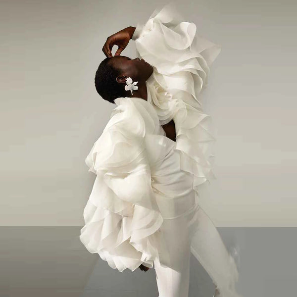 2025 Back Closed Tulle Ruffles Layered Mesh Women Top Lush Fluffy Female Blouse Puffy Ivory Autumn Tops Pretty