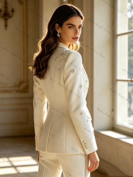 White Crystals Women Suit Set 2 Pcs Blazer Pants Trousers Luxury Spring Formal Office Lady Jacket Wedding Coat Customized