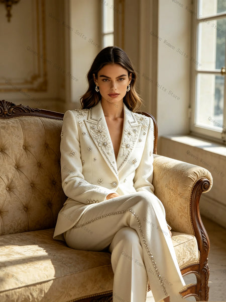 White Crystals Women Suit Set 2 Pcs Blazer Pants Trousers Luxury Spring Formal Office Lady Jacket Wedding Coat Customized