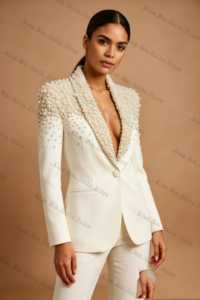 Pearls Formal Women Suits Set 2 Piece White Blazer+Pants Trousers Customized Office Lady Jacket One Button Wedding Prom Coat